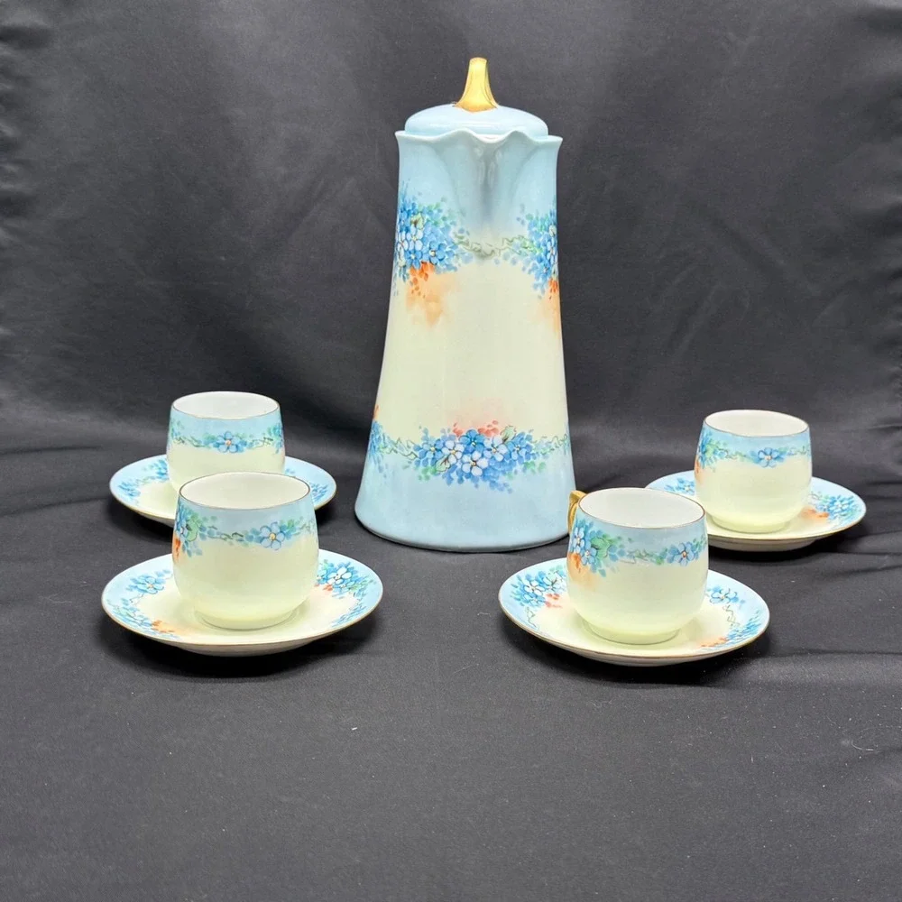 Vintage Porcelain Chocolate Pot Set Blue Floral Gold Gilt 4 Cups and Saucers